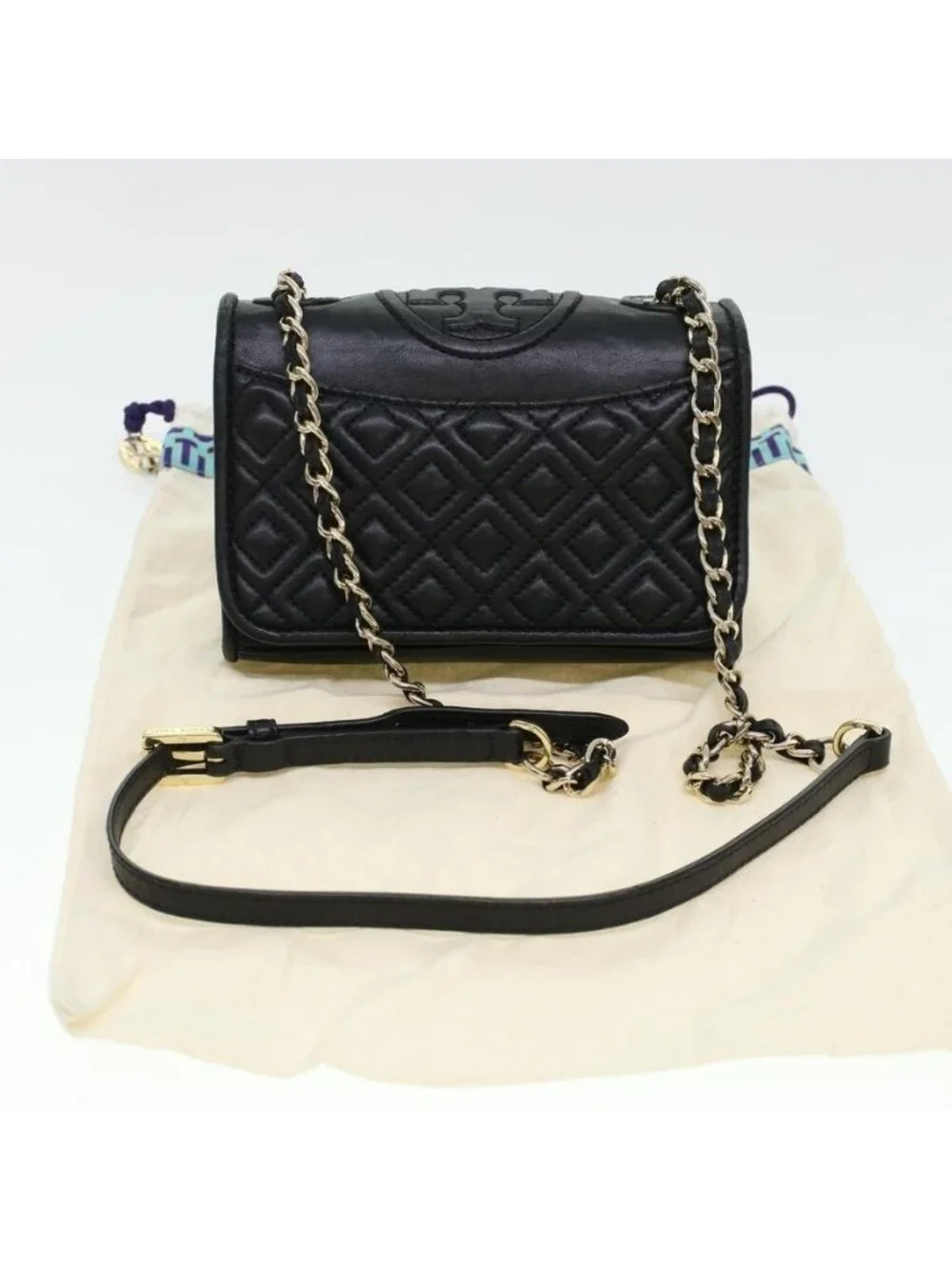 Authentic TORY BURCH Chain Shoulder Bag Leather Black